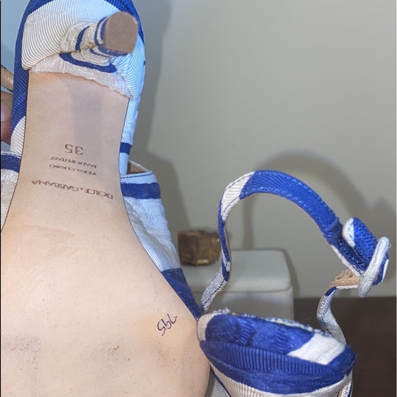 Dolce & Gabbana Blue and White Stripe Brocade Fabric Pointed Toe Sandals - Picture 9 of 11